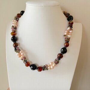 Pearl & Gemstones Bead Necklace With 925 Sterling Silver Toggle Clasp